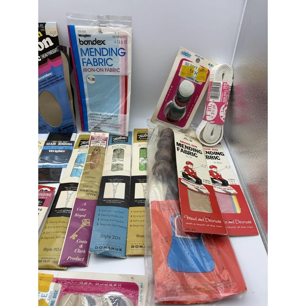 Vintage Sewing Notions Lot Iron-On Patches Zippers Wrights‎ Talon Bondex Elastic